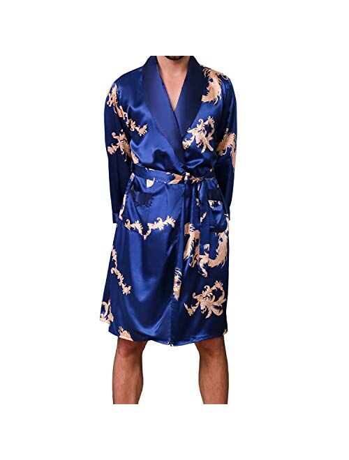 KapokDressy Mens Satin Robe,Soft Silk Long Sleeve House Kimono Bathrobe Sleepwear Loungewear,Robe or Robe Set