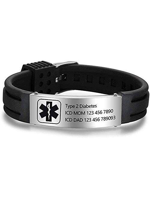 OPALSTOCK Personalized Bracelet Silicone Medical Bracelets Adjustable Sport Emergency ID Bracelets Free Engraving 9 Inches Waterproof ID Alert Bracelets for Men Women