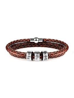 Mens Custom Bracelet Personalized Black Braid Leather Bracelets with 1-7 Names Engraved in Custom Beads Custom ID Bracelet for Men