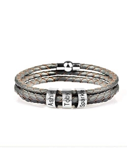 Mens Custom Bracelet Personalized Black Braid Leather Bracelets with 1-7 Names Engraved in Custom Beads Custom ID Bracelet for Men