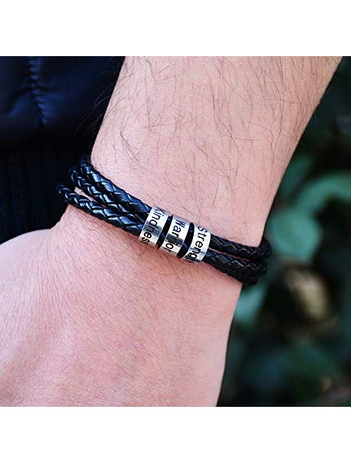 Mens Custom Bracelet Personalized Black Braid Leather Bracelets with 1-7 Names Engraved in Custom Beads Custom ID Bracelet for Men