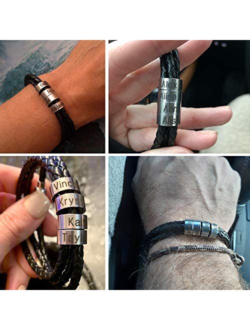 Mens Custom Bracelet Personalized Black Braid Leather Bracelets with 1-7 Names Engraved in Custom Beads Custom ID Bracelet for Men