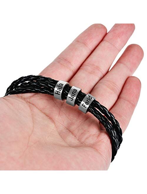 Mens Custom Bracelet Personalized Black Braid Leather Bracelets with 1-7 Names Engraved in Custom Beads Custom ID Bracelet for Men