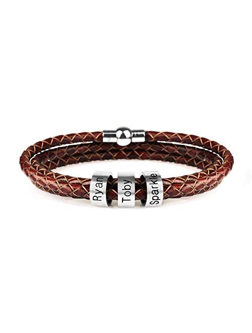 Mens Custom Bracelet Personalized Black Braid Leather Bracelets with 1-7 Names Engraved in Custom Beads Custom ID Bracelet for Men