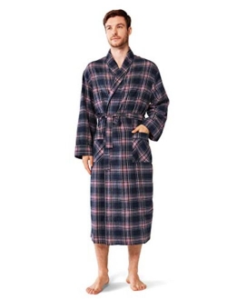 SIORO Mens Flannel Cotton Robes, Soft Plaid Bathrobe Shawl Collar Loungewear