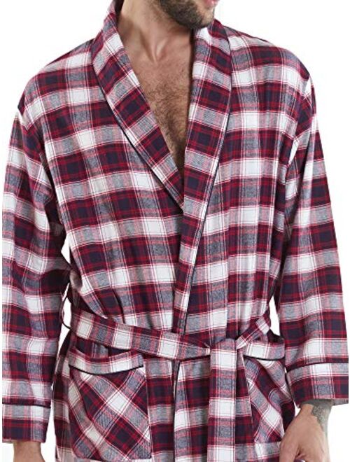 SIORO Mens Flannel Cotton Robes, Soft Plaid Bathrobe Shawl Collar Loungewear