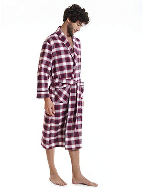 SIORO Mens Flannel Cotton Robes, Soft Plaid Bathrobe Shawl Collar Loungewear