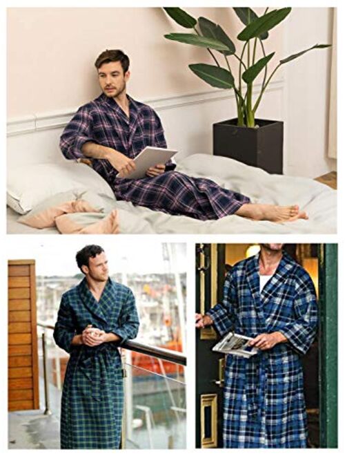 SIORO Mens Flannel Cotton Robes, Soft Plaid Bathrobe Shawl Collar Loungewear