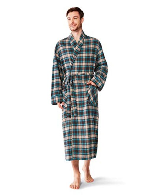 SIORO Mens Flannel Cotton Robes, Soft Plaid Bathrobe Shawl Collar Loungewear