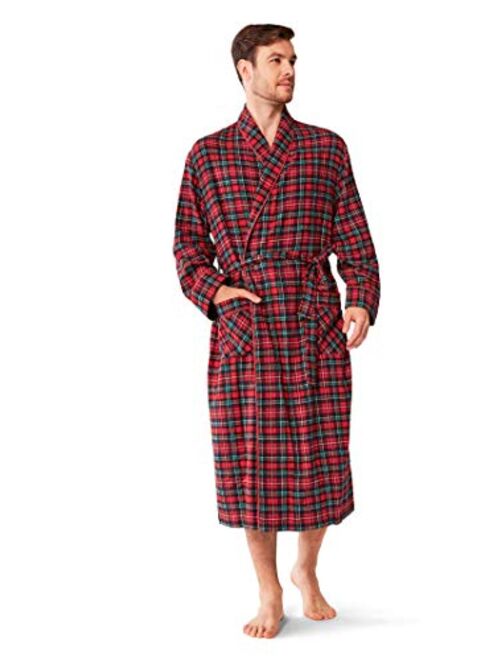 SIORO Mens Flannel Cotton Robes, Soft Plaid Bathrobe Shawl Collar Loungewear