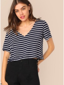 V-Neck Striped Crop Top