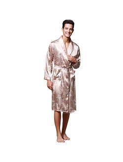 ZUEVI Men's Long Sleeve Satin Kimono Robe Dragon Lightweight Bathrobe Pajamas