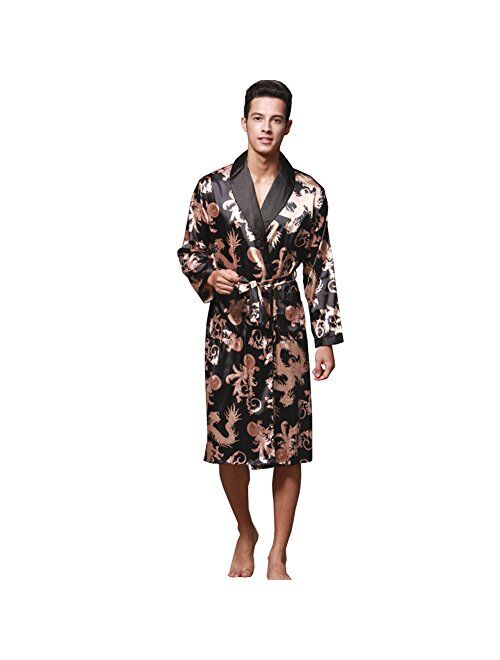 ZUEVI Men's Long Sleeve Satin Kimono Robe Dragon Lightweight Bathrobe Pajamas