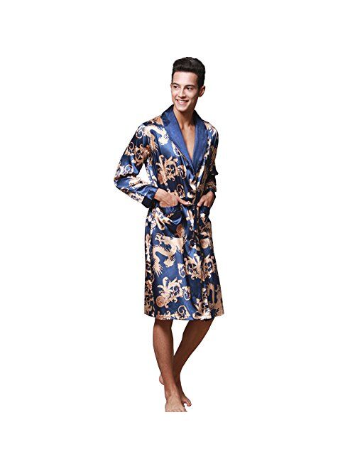 ZUEVI Men's Long Sleeve Satin Kimono Robe Dragon Lightweight Bathrobe Pajamas