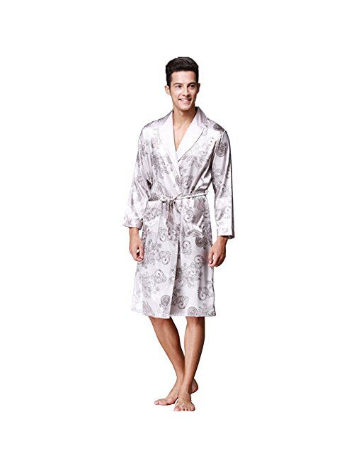 ZUEVI Men's Long Sleeve Satin Kimono Robe Dragon Lightweight Bathrobe Pajamas