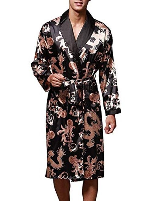 VERNASSA Men's Satin Robe Silk Long Sleeve Kimono Bathrobe Sleepwear Loungewear