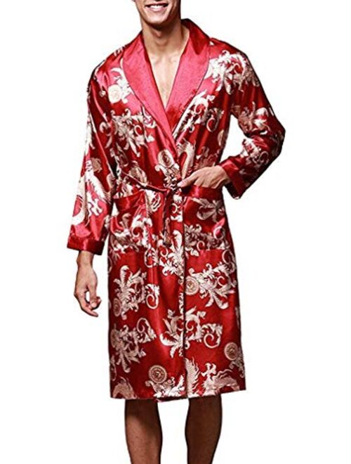 VERNASSA Men's Satin Robe Silk Long Sleeve Kimono Bathrobe Sleepwear Loungewear