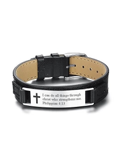 Adjustable Men's Leather Bracelets Engraved with Inspiring Bible Verse Quote,Christian Religious Jewelry for Dad Father, Idea