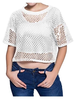 CLOZOZ Women's Mesh Cover Up See Through Fishnet T-Shirt Crop Top