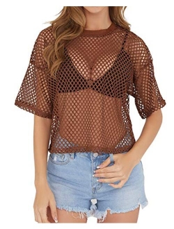 CLOZOZ Women's Mesh Cover Up See Through Fishnet T-Shirt Crop Top