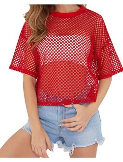 CLOZOZ Women's Mesh Cover Up See Through Fishnet T-Shirt Crop Top