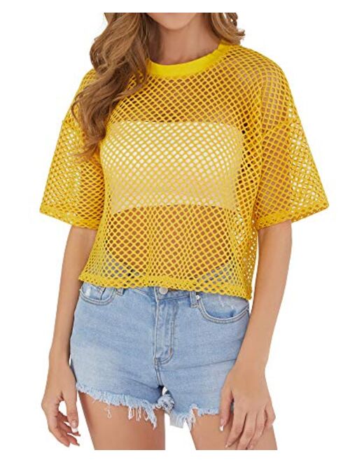 CLOZOZ Women's Mesh Cover Up See Through Fishnet T-Shirt Crop Top