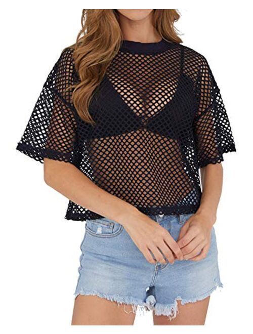 CLOZOZ Women's Mesh Cover Up See Through Fishnet T-Shirt Crop Top