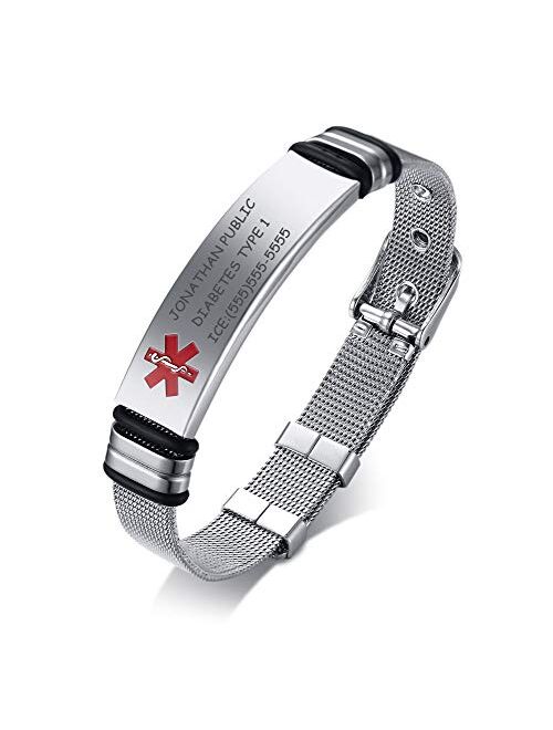 MEALGUET Custom Engraving-Stainless Steel Mesh Wristband Adjustable Medical Alert ID Bracelets for Men Women