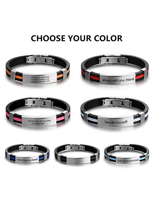 Personalized Engraved Stainless Steel Rubber Bracelet for Men Women Kids DIY Custom Name Date ID Bracelet