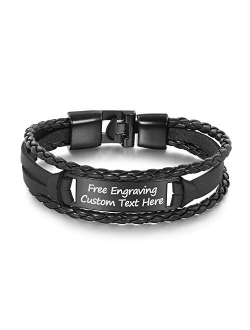 GAGAFEEL Leather Cuff Bracelet Braided Rope Custom Engraved Logo ID Stainless Steel Bangle DIY Birthday Xmas Gift