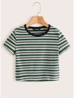 Contrast Neck Striped Rib-knit Crop Tee