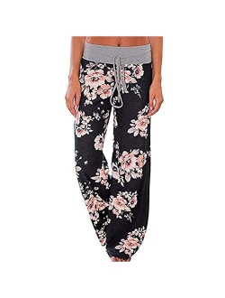 Askwind Women's Floral Print Comfy Stretch Drawstring Palazzo Wide Leg Lounge Pants