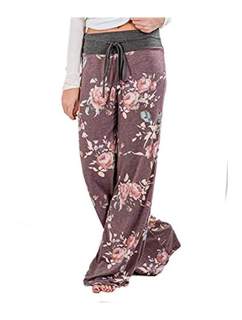 Askwind Women's Floral Print Comfy Stretch Drawstring Palazzo Wide Leg Lounge Pants