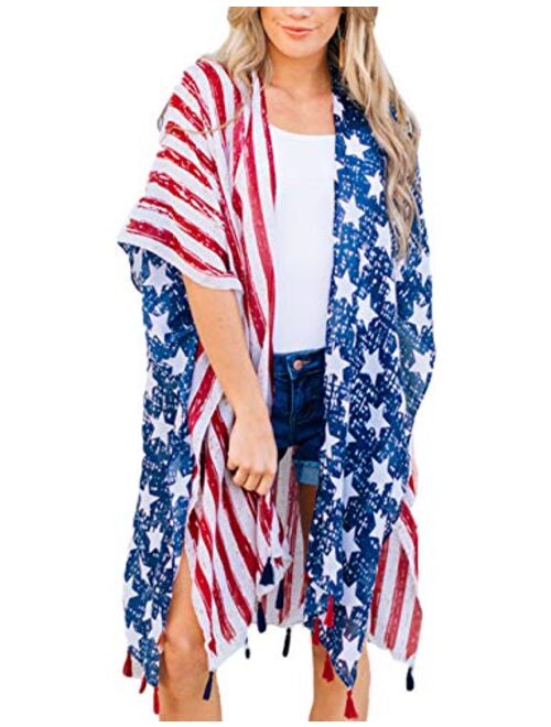 DDSOL Women's American Flag Kimono Cover up Beachwear Cardigan Loose Tops Shirt Blouse