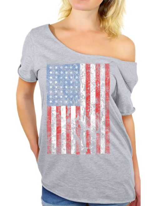 Awkward Styles American Flag Distressed Off the Shoulder T Shirt USA Shirts for Women USA Flag Tshirt Tops for the Independence Day 4th of July Shirts Womens Patriotic Ou