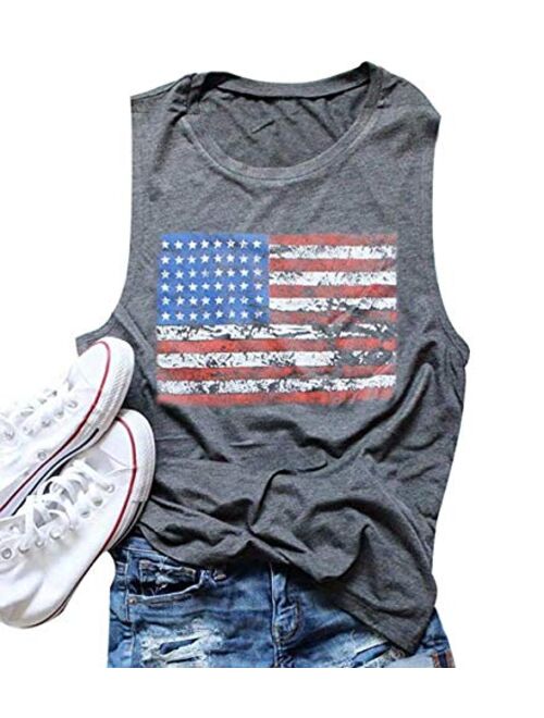 FAYALEQ American Flag Print Tank Tops Women USA Stars Stripes Patriotic T Shirt Summer Loose Vest Tees