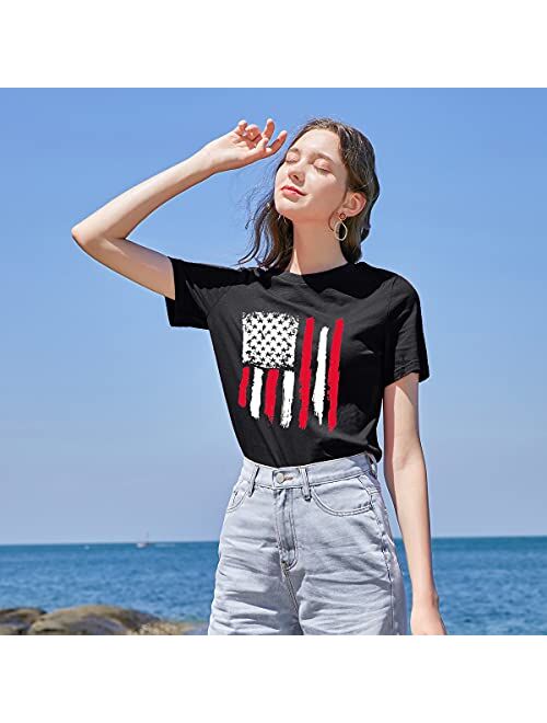 LUKYCILD American Flag Shirt Patriotic Stars Stripes T Shirt Top Women Short Sleeve Casual Graphic Print Tee Shirt