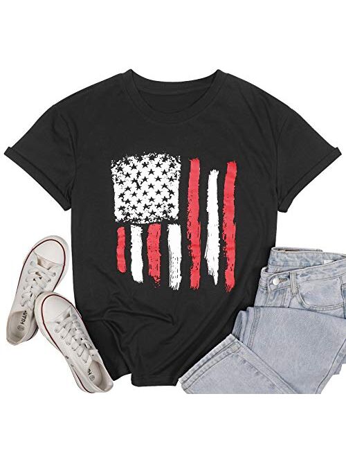 LUKYCILD American Flag Shirt Patriotic Stars Stripes T Shirt Top Women Short Sleeve Casual Graphic Print Tee Shirt