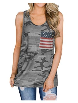 Imysty Womens Casual Sleeveless Camouflage Tank Tops American Flag Print Racerback Camo Shirts