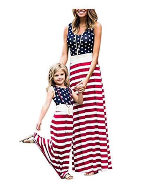 American Flag Mother and Me Matching Clothes,Floral Printed Family Beach Maxi Dress with Pockets