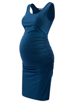 GINKANA Maternity Tank Dress Bodycon Sleeveless Casual Short Ruched Midi Fitted Dress for Pregnant Women