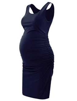 GINKANA Maternity Tank Dress Bodycon Sleeveless Casual Short Ruched Midi Fitted Dress for Pregnant Women