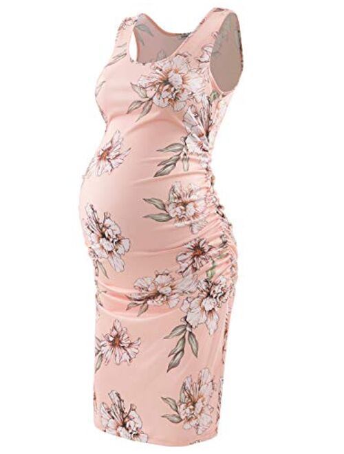 GINKANA Maternity Tank Dress Bodycon Sleeveless Casual Short Ruched Midi Fitted Dress for Pregnant Women