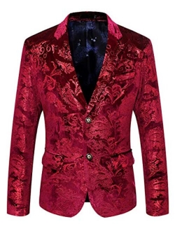 WULFUL Men's Luxury Casual Dress Floral Suit Notched Lapel Slim Fit Stylish Blazer Jacket Party Coats