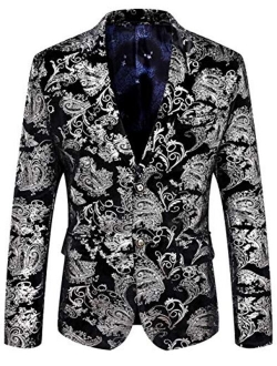 WULFUL Men's Luxury Casual Dress Floral Suit Notched Lapel Slim Fit Stylish Blazer Jacket Party Coats