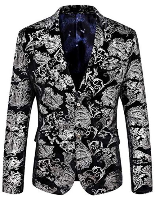 WULFUL Men's Luxury Casual Dress Floral Suit Notched Lapel Slim Fit Stylish Blazer Jacket Party Coats