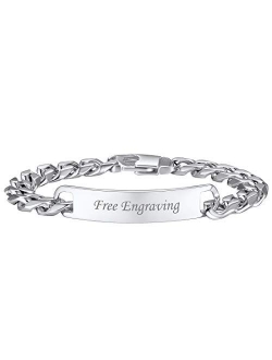 U7 Custom ID Bracelet Men Women Stainless Steel 7MM Wide Cuban Curb Link Chain Personalized Message Engrave Bar Bracelet Bangle, Length 19CM to 21CM