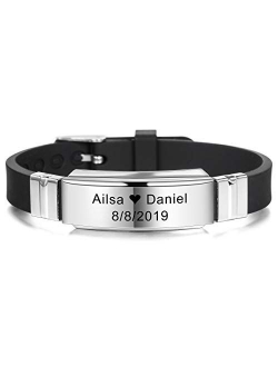 MeMeDIY Personalized Bracelet Engraving Names Silicone Sport Wrist Identification ID Tag Bracelet Customized for Men Women Kids Stainless Steel Rubber Adjustable 15mm Wid