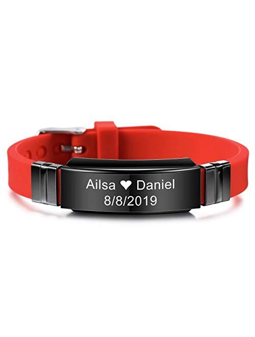 MeMeDIY Personalized Bracelet Engraving Names Silicone Sport Wrist Identification ID Tag Bracelet Customized for Men Women Kids Stainless Steel Rubber Adjustable 15mm Wid