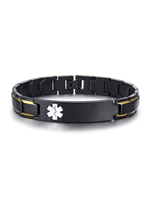 MEALGUET Custom Free Engraving Stainless Steel 2-Tone Black Brushed Medical Alert Link Wristband ID Bracelet for Men